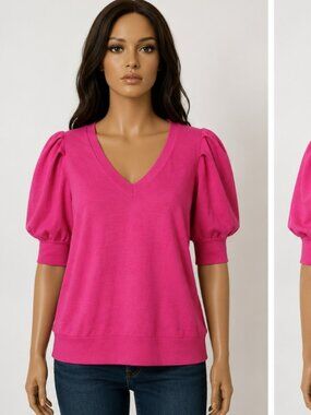 DKNY Women's Hot Pink Puff Sleeve V Neck Dressy Casual Knit Sweater Size XL